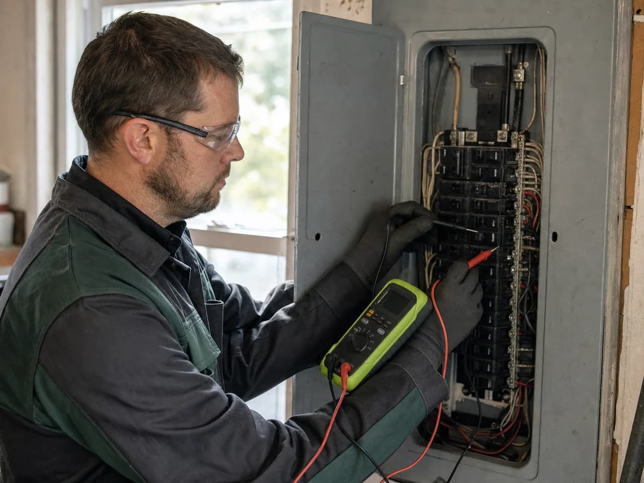 Electrician working on electrical panel