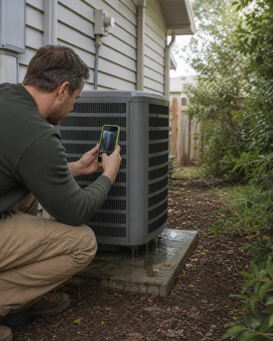 Homeowner photographing an outdoor AC unit to add visual context to a service request
