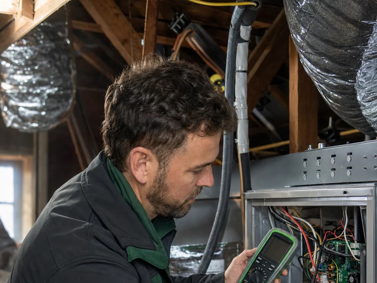 HVAC technician diagnosing a unit in an attic