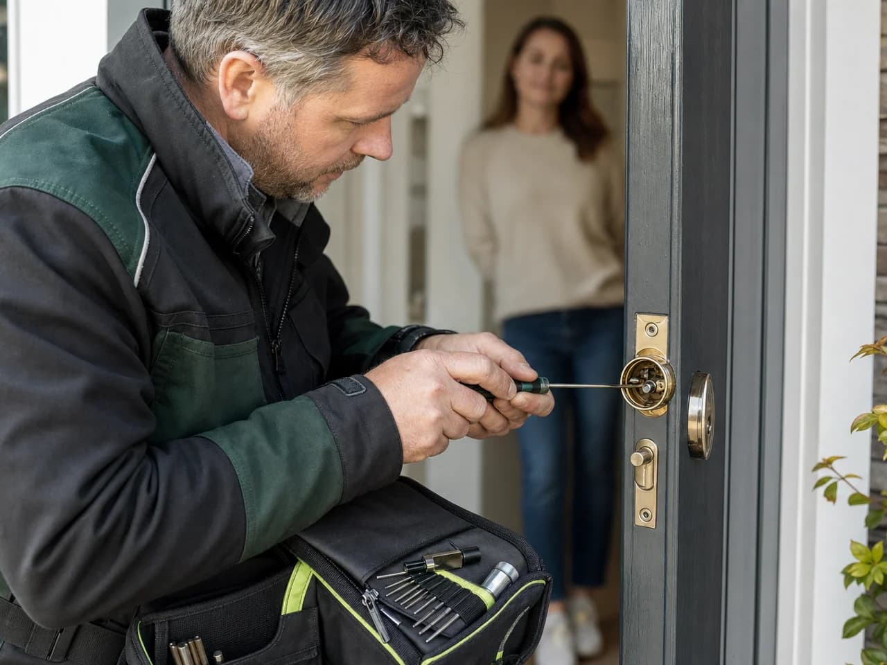 Locksmith working on door lock