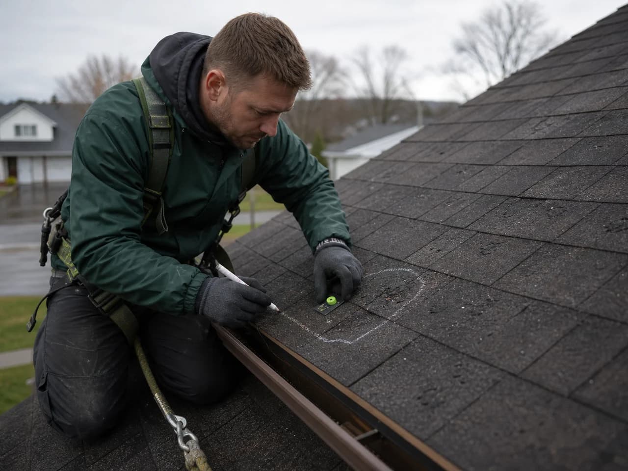 Roofer working on shingles