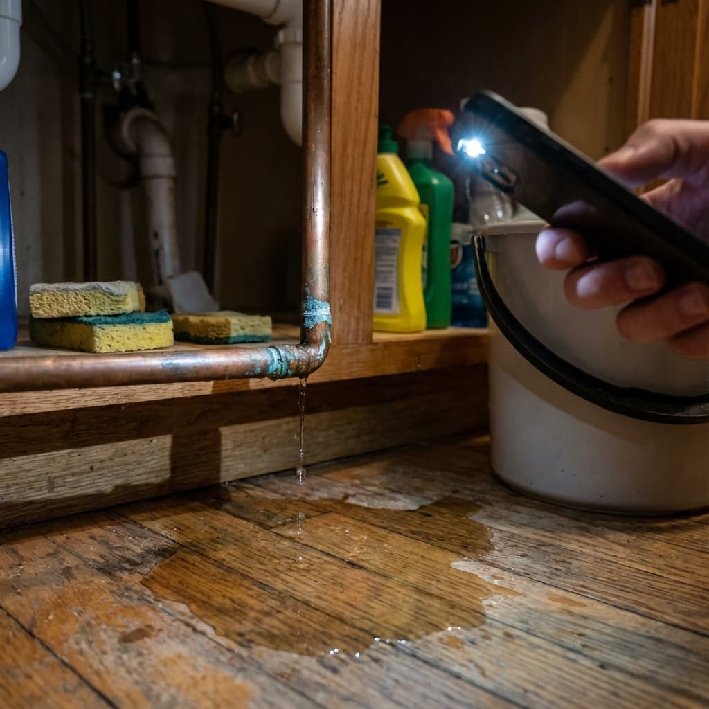 Customer photo of a possible plumbing leak added to a service request for human review