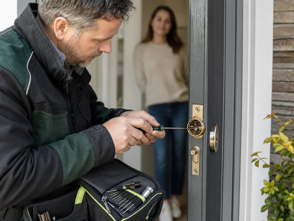 Locksmith replacing a residential deadbolt